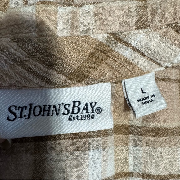 St. John's Bay Women Beige Plaid Collared 3/4 Sleeve Button Down Shirt Shirt L - Picture 8 of 13
